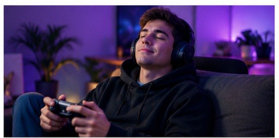 Jugador relajado usando un mando gaming cómodo para desconectar